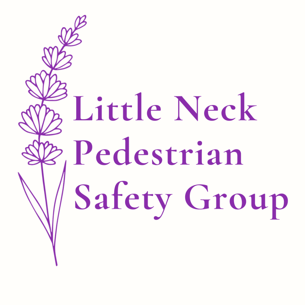 A purple flower with the words little neck pedestrian safety group underneath it.